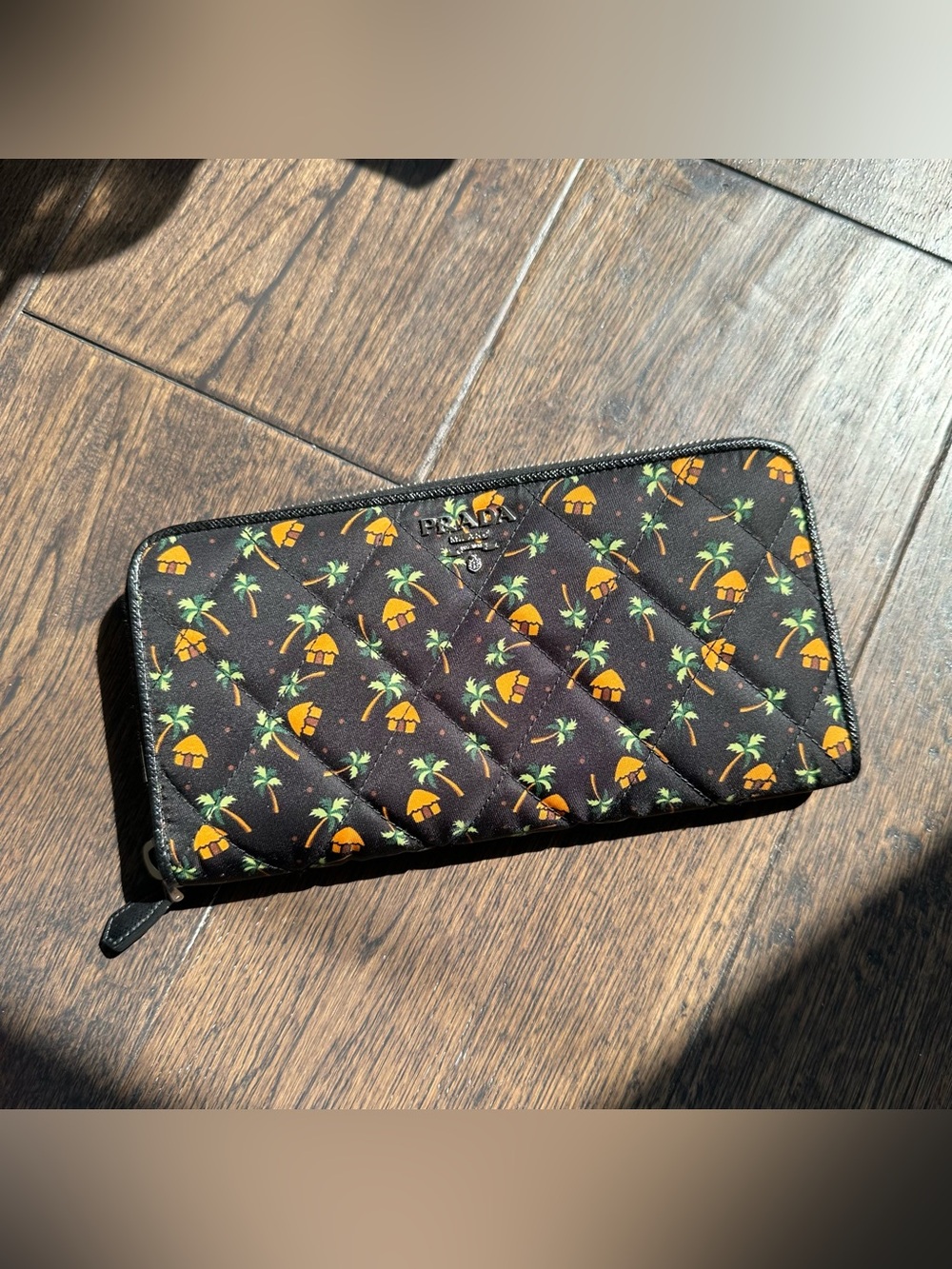 Prada Black Quilted Nylon Zipped Wallet with Tropical Print
